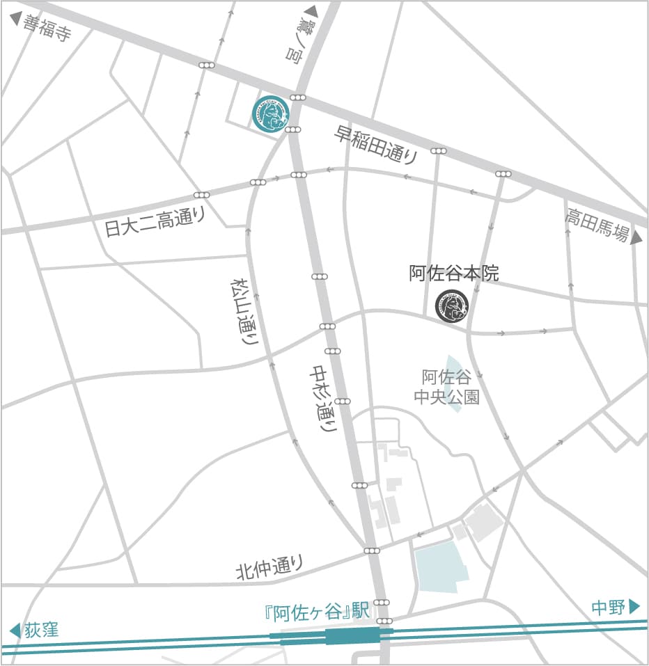 阿佐谷ペットクリニックサテライトの地図。JR阿佐ヶ谷駅から徒歩圏内、中杉通りと早稲田通りの交差点角に面していています。